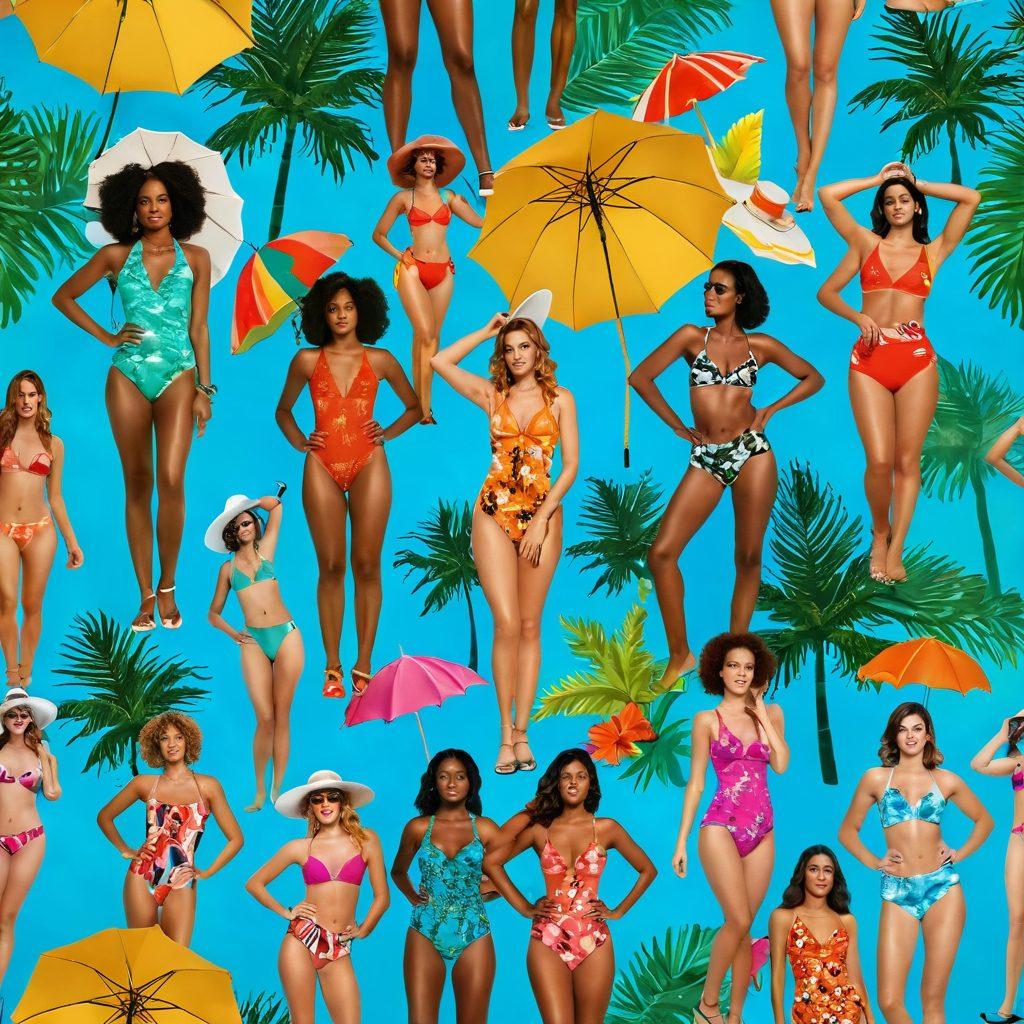 A vibrant collage showcasing the evolution of ladies swimwear, featuring a timeline that includes sassy bikini styles transitioning into classy one-piece designs. The background is a blend of tropical beach scenes with bright umbrellas and palm trees, illustrating the beach lifestyle. Include diverse models in various swimwear styles to highlight inclusivity and fashion evolution. Add playful water splashes for energy and fun. colorful illustration. vibrant colors. summer vibes.